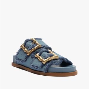 SCHUTZ Blue and Gold Frayed Sandals